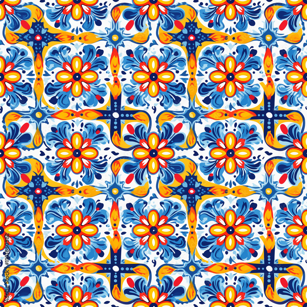 Seamless pattern of colorful Mexican Talavera tiles with festive folk art designs for ceramics, wallpaper, fabric, packaging Seamless pattern of colorful Mexican Talavera tiles with festive folk art designs for ceramics, wallpaper, fabric, packaging