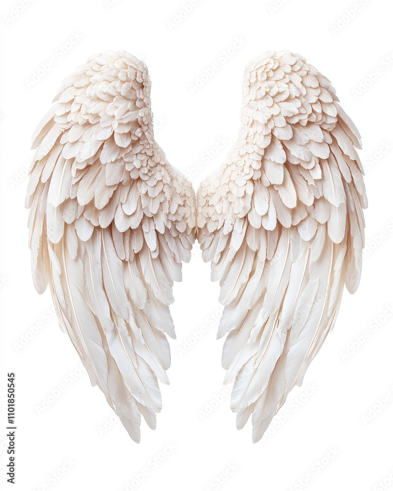 Beautiful, delicate angel wings in soft white tones isolated on white background Beautiful, delicate angel wings in soft white tones isolated on white background
