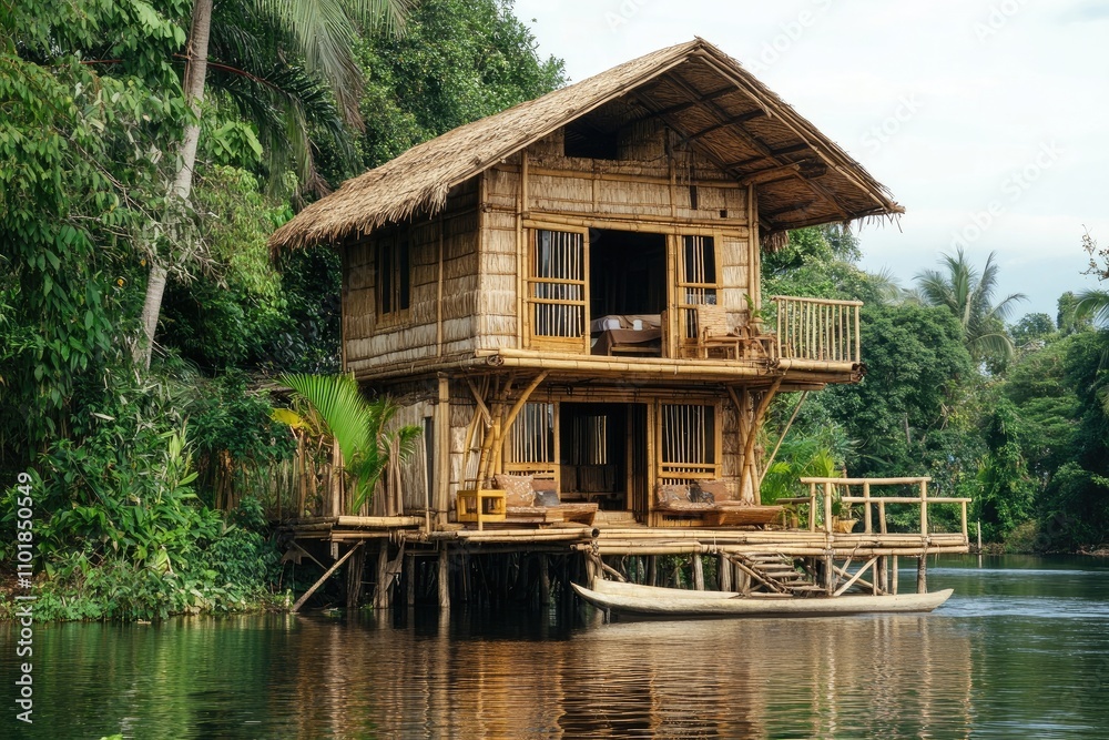Bamboo House Overwater Tropical River Setting Bamboo House Overwater Tropical River Setting