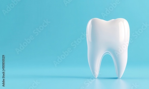 A glossy white tooth stands against a vibrant blue background, symbolizing dental health and hygiene.