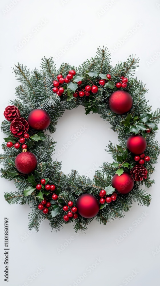 Festive red and green wreath with pinecones and ornaments for holiday decor Festive red and green wreath with pinecones and ornaments for holiday decor