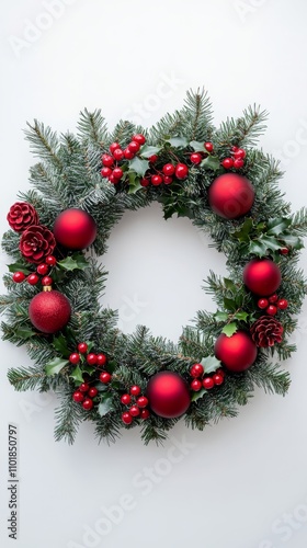 Festive red and green wreath with pinecones and ornaments for holiday decor