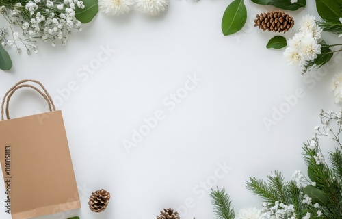 Natural design composition with brown paper bag surrounded by flowers and pin...