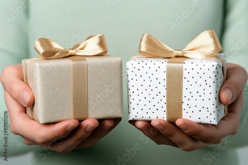 Gift exchange taking place with beautifully wrapped presents in soft colors h...