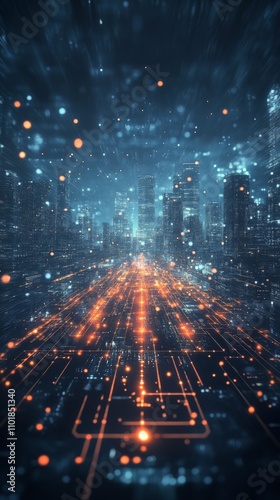 City skyline illuminated by neon lights creating a futuristic atmosphere duri...