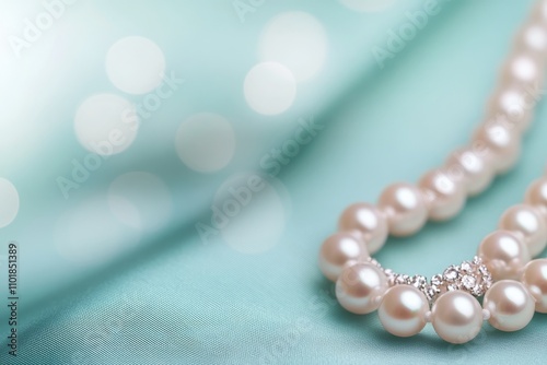 Elegant pearl necklace arranged on soft fabric with blurred background