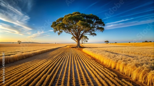 Patterns of a Harvester in Wheat Stubble Surrounding a Lone Tree in a Field Paddock Post-Harvest Season in the Wheat Belt Near Corrigin, Western Australia photo