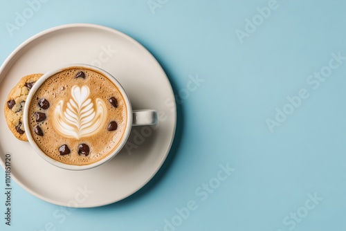 Coffee with latte art and a cookie on a light blue background for a cozy afte...