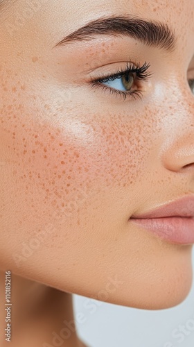 Close up view of a person showcasing beautiful green eyes and freckles on the...