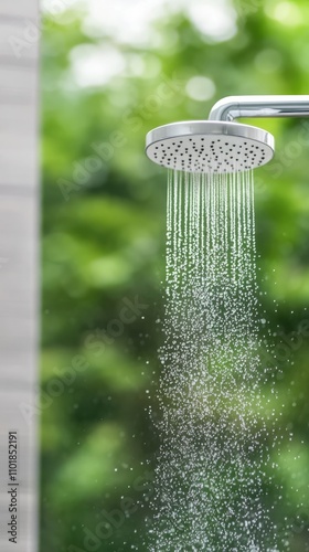 Modern shower head with sleek design and flowing water in contemporary bathro...