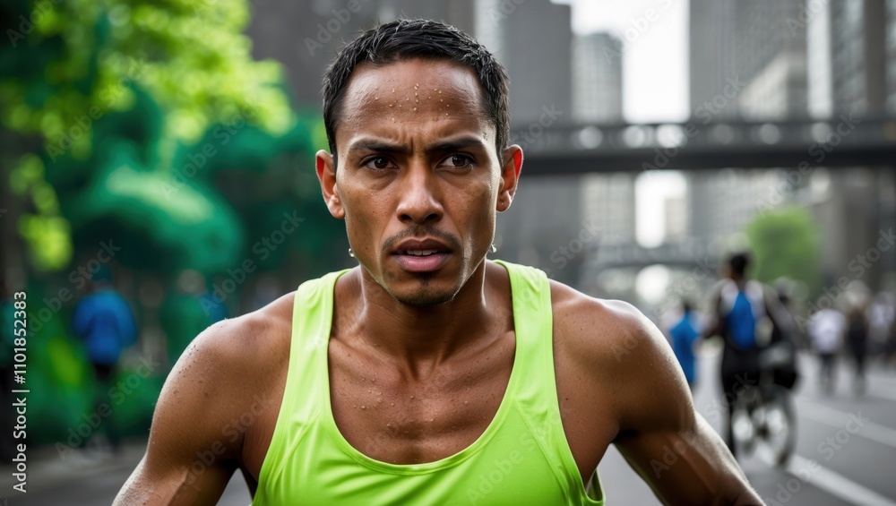 Determined Runner in an Urban Park Setting with Lively Background Determined Runner in an Urban Park Setting with Lively Background