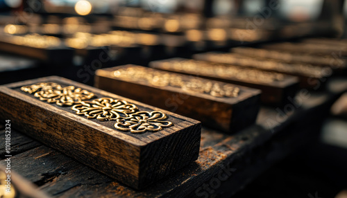 Handmade Jewelry Workshop Closeup Concept. Intricate wooden blocks with ornate carvings arranged on a surface. photo