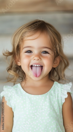 Happy child sticking out tongue while smiling at indoor setting in afternoon ...