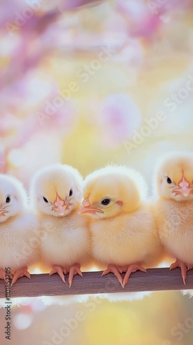 Four fluffy yellow chicks perched on a branch in a dreamy spring setting