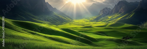 Serene sunrise over misty mountains and lush green hills in a tranquil landscape