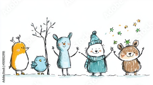 Cute cartoon animals enjoying a winter day with snowflakes and leaves, fun illustration for children’s books