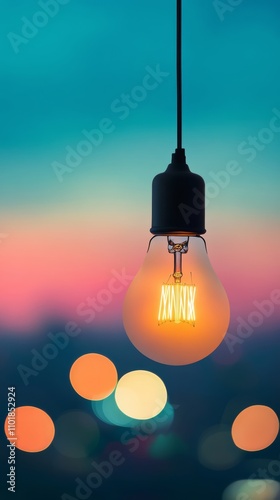 Bright light bulb hangs against a backdrop of soft bokeh lights during evenin...