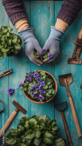 Hands planting purple flowers in pots on a blue wooden table during a gardeni...