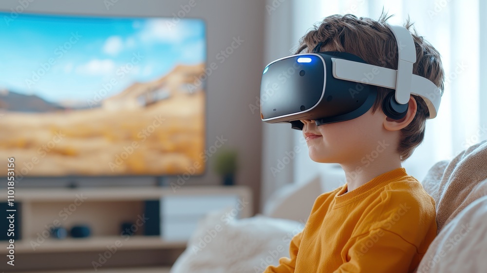 A young boy wearing a virtual reality headset, immersed in a digital experience while sitting on a couch in a cozy living room. A young boy wearing a virtual reality headset, immersed in a digital experience while sitting on a couch in a cozy living room.