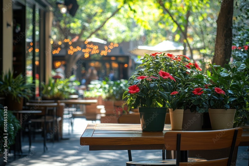 Empty wooden table with chairs on a patio with red flowers in pots in the foreground, blurry city scene in the background. Empty wooden table with chairs on a patio with red flowers in pots in the foreground, blurry city scene in the background.