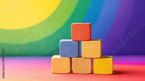 Colorful Wooden Blocks Stacked Against Rainbow Background photo