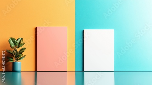 Minimalist interior with green potted plant on yellow and teal background, beside two blank canvases in pink and white, resting on reflective surface.