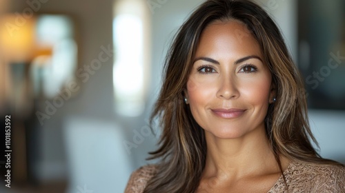 Closeup headshot face portrait of beautiful successful hispanic young business woman looking confident at camera. Smiling latin or eastern middle age female ceo leader businesswoman standing in office