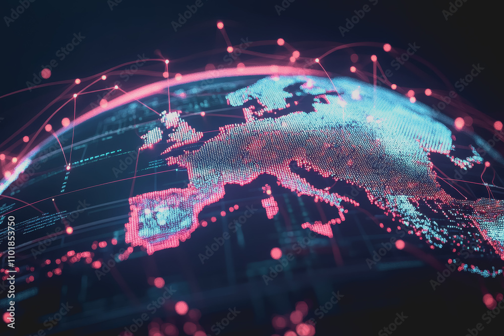 Fototapeta premium Sleek Futuristic 3D Virtual Globe Featuring Glowing Points and a Digital Network Representation of Global Connectivity and Data Flow