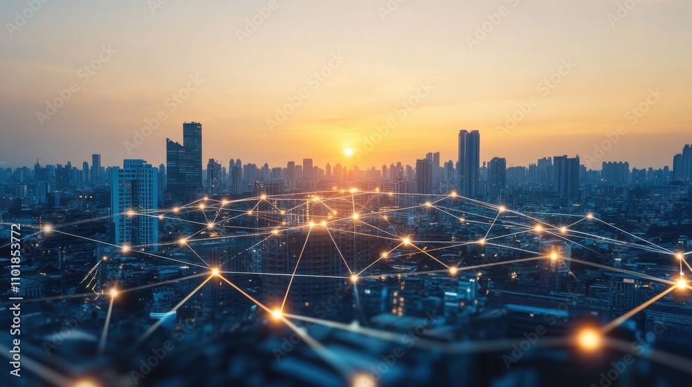 Fototapeta premium A city skyline bathed in vibrant sunset hues, with industrial structures and a futuristic digital overlay exuding energy and innovation