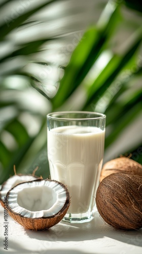 Refreshing coconut drink served in glass with green leaves in the background