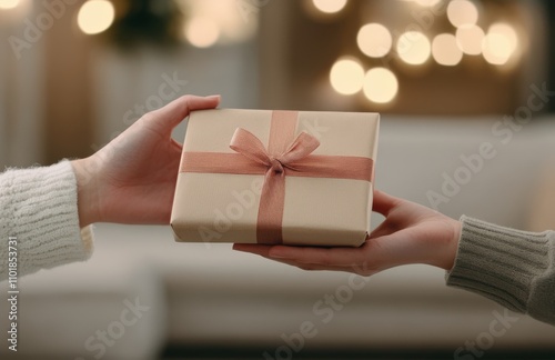 Celebration of joy with a person receiving a beautifully wrapped gift in a co...