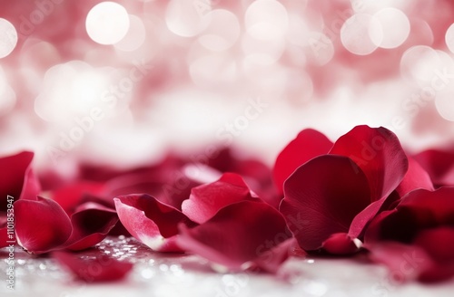 Delicate red rose petals scattered on a shimmering surface photo