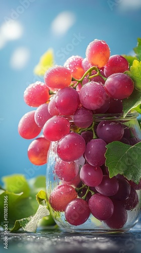 Fresh red grapes in a glass surrounded by green leaves in bright sunlight