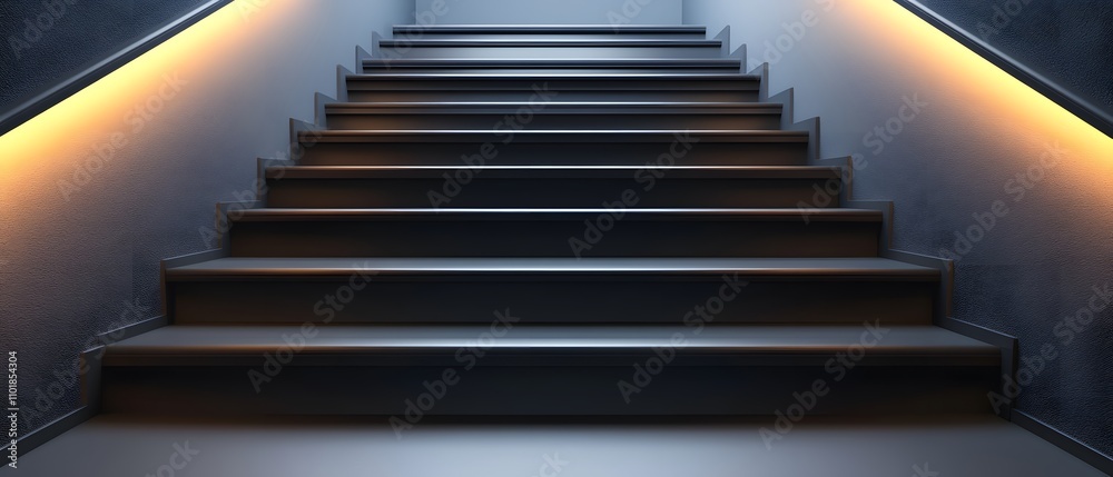 A modern staircase illuminated by soft lighting, leading upwards in a sleek environment.