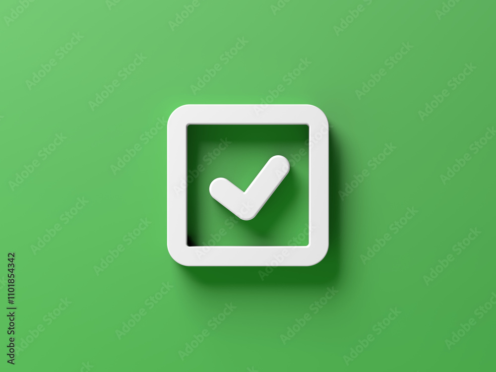 Check mark isolated on green background. Tick symbol. Checkbox. 3d illustration. Check mark isolated on green background. Tick symbol. Checkbox. 3d illustration.