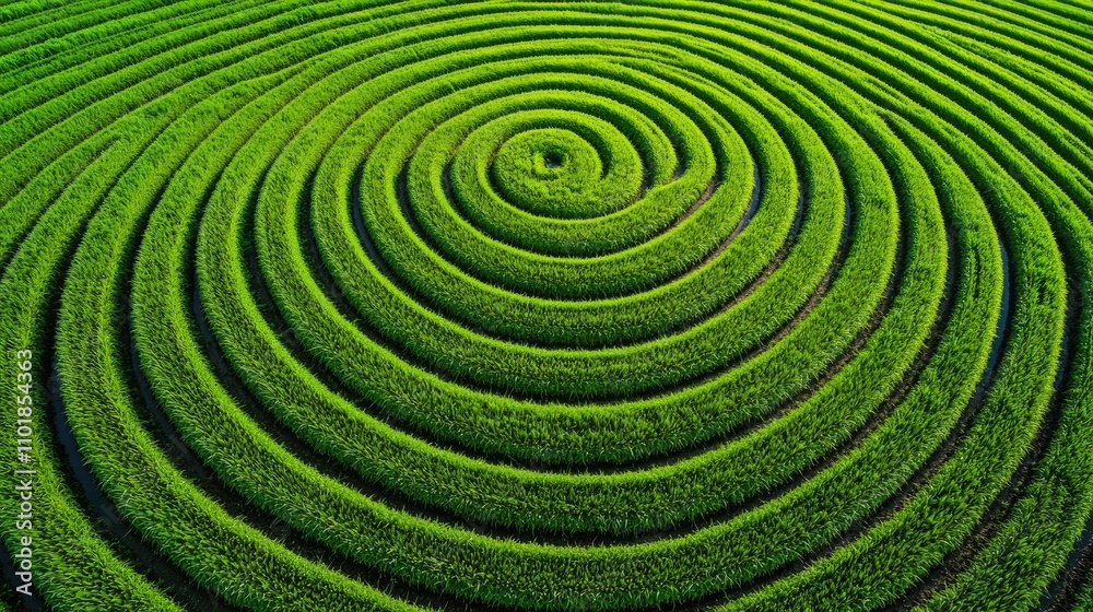 Aerial view of concentric circles in lush green fields, creating a mesmerizing pattern that embodies nature's beauty and tranquility. Aerial view of concentric circles in lush green fields, creating a mesmerizing pattern that embodies nature's beauty and tranquility.