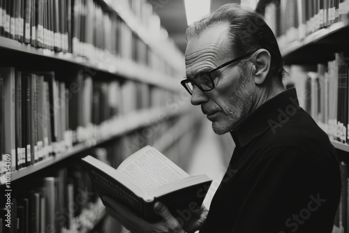 Man reading book while standing in library with rows of bookshelves around him