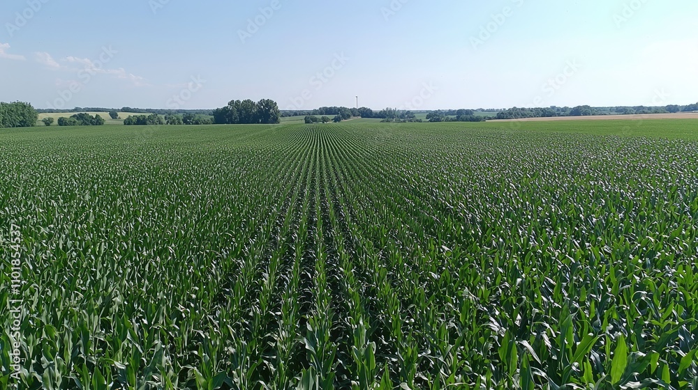 A vast green cornfield stretches under a clear blue sky, showcasing rows of healthy crops in an expansive agricultural landscape. A vast green cornfield stretches under a clear blue sky, showcasing rows of healthy crops in an expansive agricultural landscape.