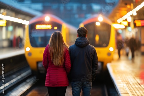 Couple waiting at a train station during snowfall for an approaching red train