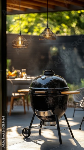 Cooking delicious vegetables on a barbecue grill during sunset in a peaceful ...