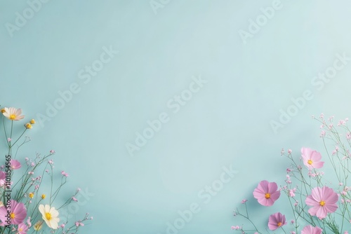 Floral arrangement with purple and white flowers on blue background for decor...