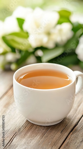 Warm cup of herbal tea on a wooden table with greenery in the background in t...