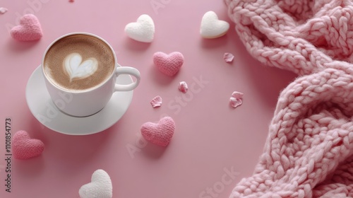 Cozy winter setup with a warm drink and soft pastel decorations on a pink bac...