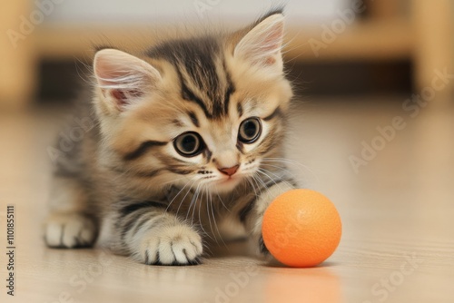 Playful kitten discovers a small orange ball in a cozy indoor space