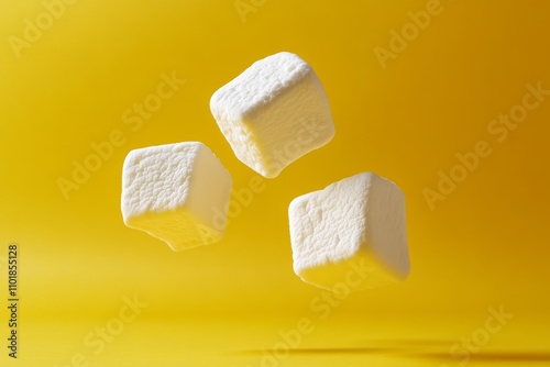 Fluffy Marshmallows Floating on Vibrant Yellow Background