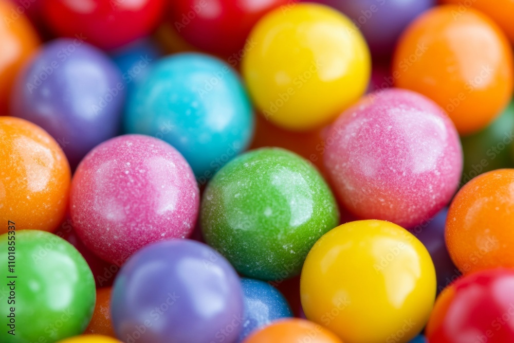 A close-up view showcases a diverse collection of gum balls in various bright colors like pink, blue, yellow, and green, arranged appealingly in a candy shop A close-up view showcases a diverse collection of gum balls in various bright colors like pink, blue, yellow, and green, arranged appealingly in a candy shop