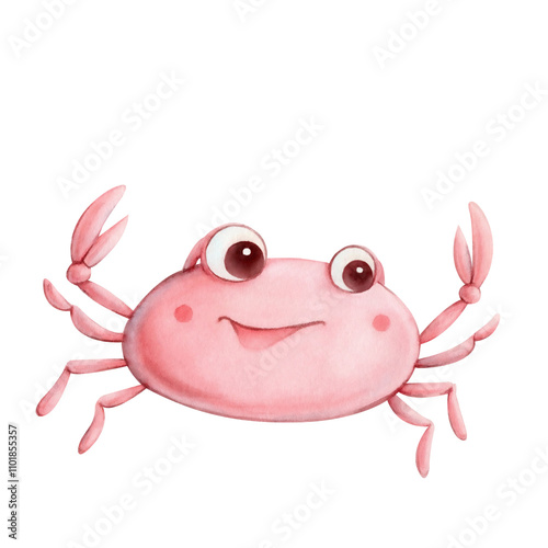 Cute pink crab watercolor illustration isolated on white. Cartoon marine character in pastel colors for decorating a children's room in a nautical style, children's clothes and children's parties. photo