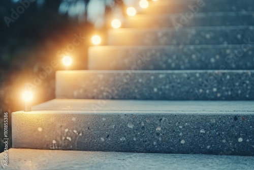Soft lights illuminate urban stairs during evening hours in a serene setting