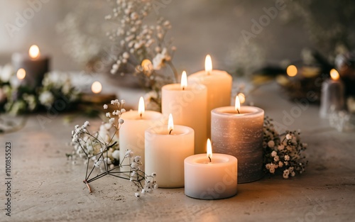 A serene arrangement of lit candles in soft, neutral tones of white, cream, and gray, placed on a textured surface. photo