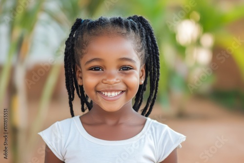 Young girl with braids smiling joyfully in a bright outdoor setting during da...